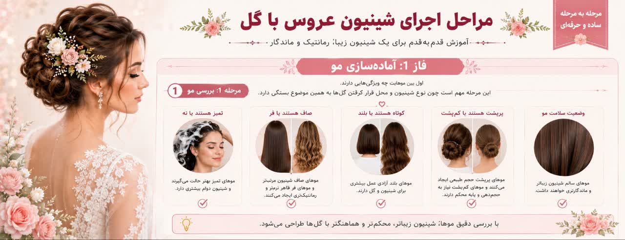 مراحل اجرای شینیون عروس با گل